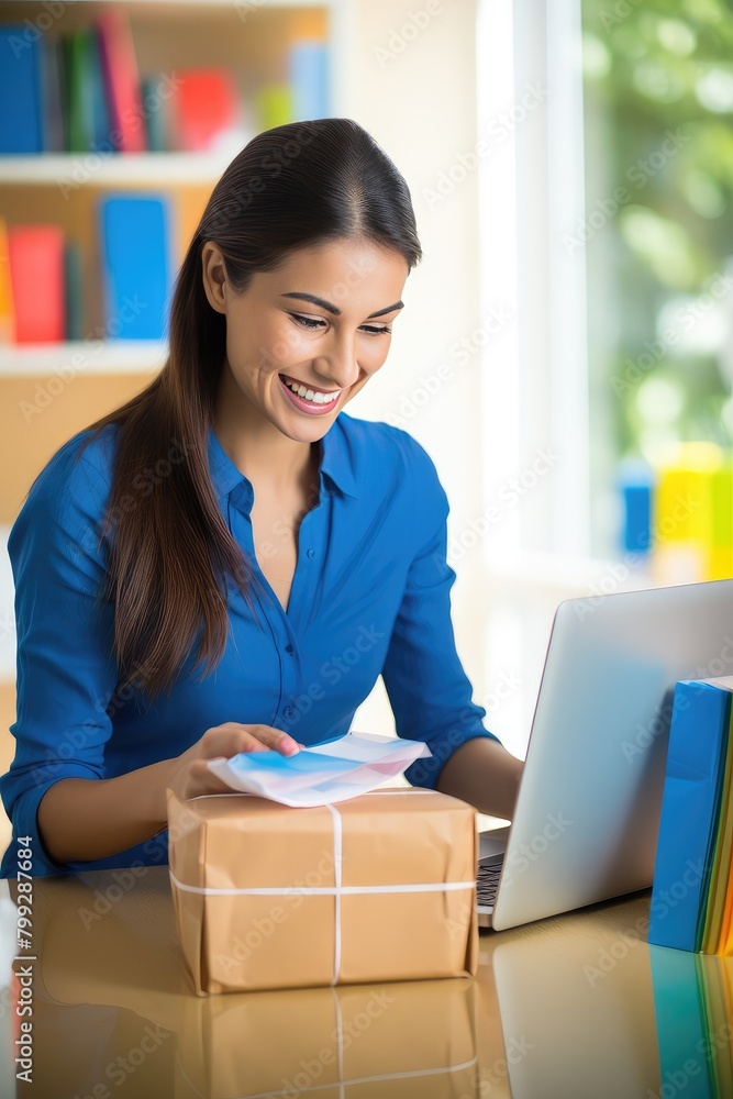 The seller's hub, where he strategizes and grows his online business. A Young Caucasian woman in front of laptop monitor in a warehouse of packaged products and communicates with a customer. The seller's hub, where he strategizes and grows his online business. A Young Caucasian woman in front of laptop monitor in a warehouse of packaged products and communicates with a customer.