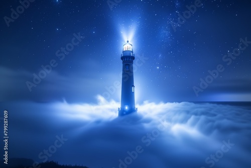 Lighthouse Tower Emerging Above Sea of Clouds