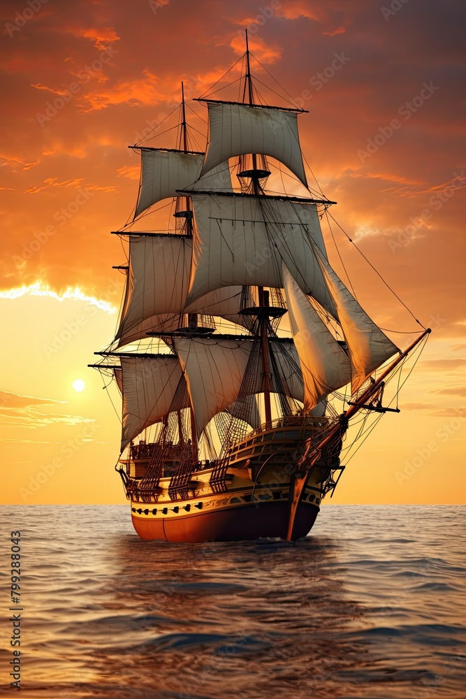 Obraz premium Small sailing ship in the open sea at sunset. Majestic Dawn
