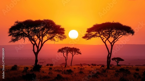 Sunset paints the African savannah and its wildlife in orange.