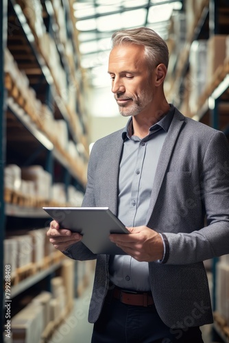Accountant maintaining precise record-keeping amidst the warehouse activity. A middle-aged man stands in a warehouse with a tablet computer and checks the statements for the presence of goods