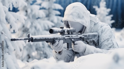 Military sniper aims at the enemy in the winter forest.