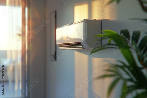Air conditioning unit mounted on a living room wall