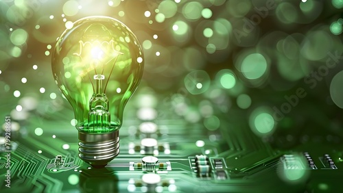 Symbolism of a Green Light Bulb on a Circuit Board: Innovation, Technology, and Energy Efficiency. Concept Innovation, Technology, Energy Efficiency, Symbolism, Green Light Bulb, Circuit Board