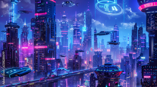 futuristic cityscape with flying cars neon lights