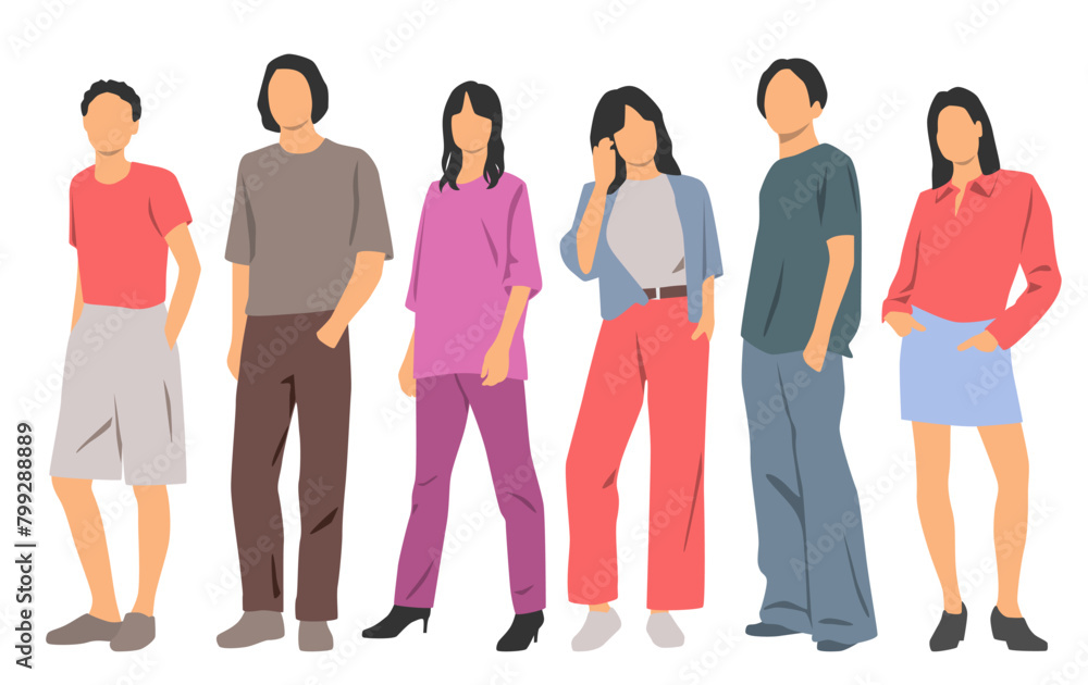 Set of young men and women , different colors, cartoon character, group of silhouettes of standing business people, students, design concept of flat icon, isolated on white background Set of young men and women , different colors, cartoon character, group of silhouettes of standing business people, students, design concept of flat icon, isolated on white background