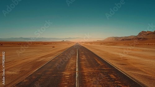 Endless Desert Road with Distant Mountains and Heat Mirage