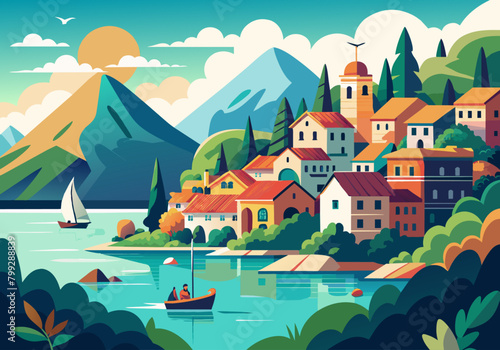 Vector flat landscape illustration of beautiful nature view