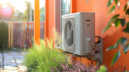 Residential outdoor AC units in sunny garden for home climate control. Concept Home Maintenance, Climate Control, Outdoor Cooling Solutions, Energy Efficiency, Gardening photo