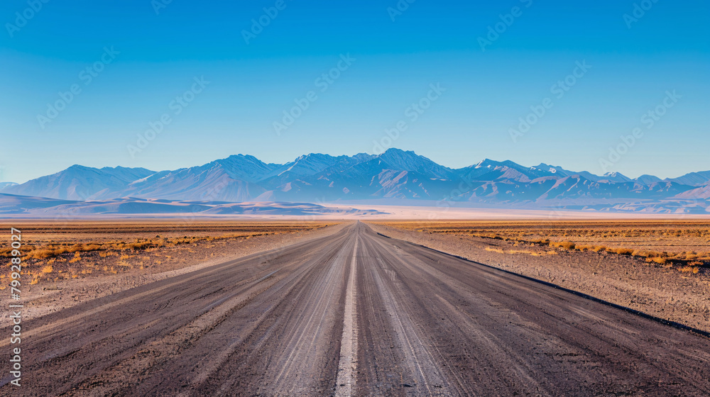 Straight Road Through Vast Desert Landscape with Distant Mountains