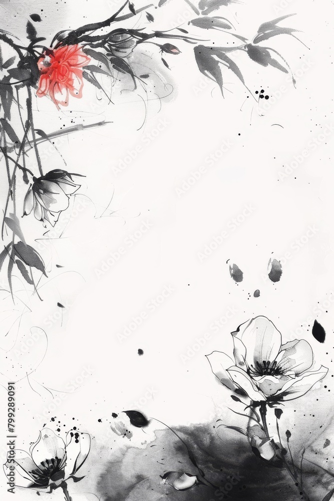 Black and White Painting With Red Flowers Black and White Painting With Red Flowers