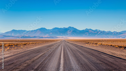 Straight Road Through Vast Desert Landscape with Distant Mountains © ABDULRAHMAN