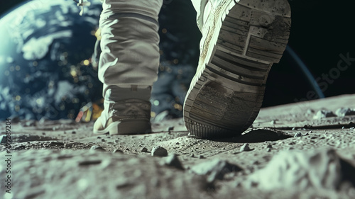 concept image with an astronaut walking on the moon and view of the earth in background Astronaut Boots Galaxy Space 