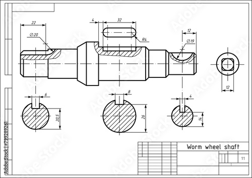 Vector drawing of steel mechanical part with through holes,
dimension lines. Worm wheel shaft. Engineering cad scheme.  Mechanical background.