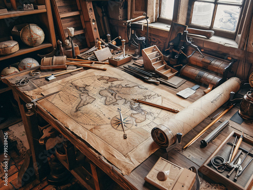 Antique Map Maker's Studio with Nautical Navigation Tools photo