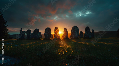 Ancient Stone Circle at Dawn with Sun Rising Through Pillars.