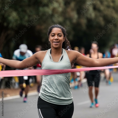 woman running half marathon arriving at finishing line