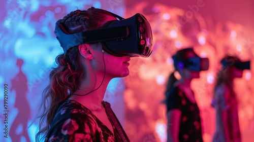 Woman Engaging with Virtual Reality Technology in Neon Lit Room
