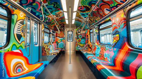 Vibrant Graffiti Art Covering the Interior of a Subway Train