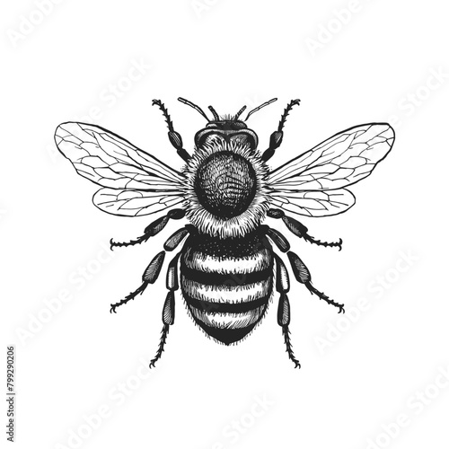 Bee Monochrome ink sketch vector drawing, engraving style illustration © Varun
