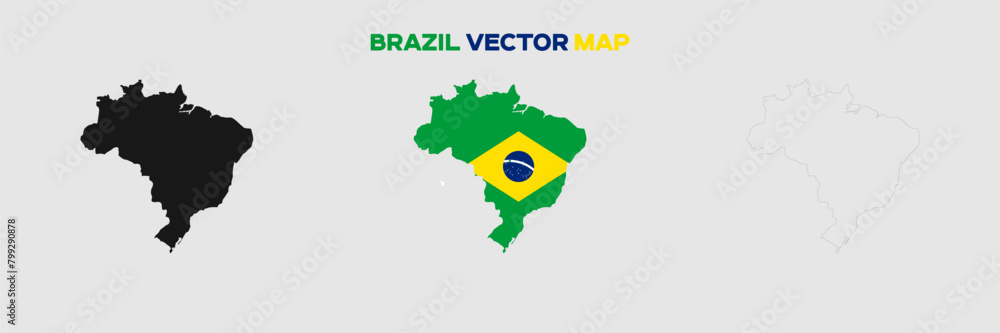 Brazil Map Vector Pack. Map with Flag. Gray Map Silhouette. Gray Outline Map. Editable EPS file. 