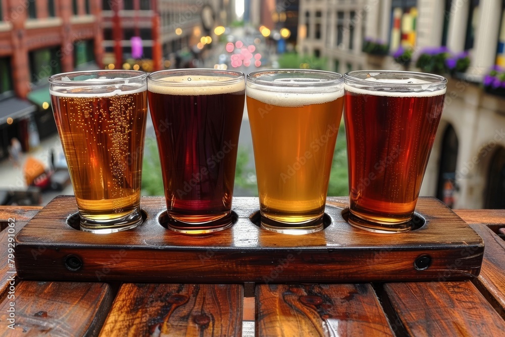 Four Glasses of Beer on Wooden Table Four Glasses of Beer on Wooden Table