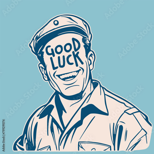 happy retro cartoon mechanic with text good luck in his smiling face © shockfactor.de