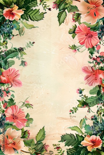 Pink Floral Background With Green Leaves