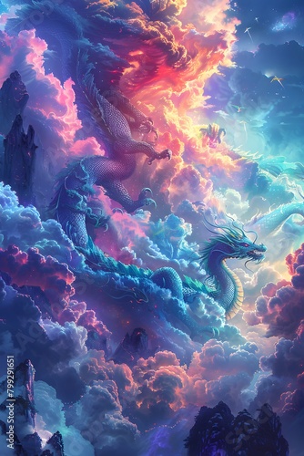 a huge flying dragon colorful painting of the sky and cloud photo