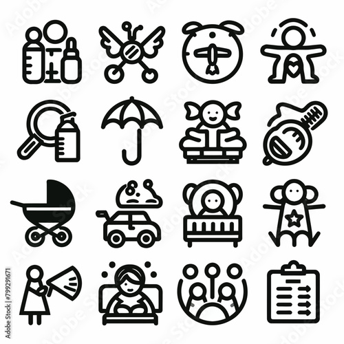 outline child care icon set silhouette vector illustration white background. Set of line icons related to child care, international children day, kid rights, parenthood