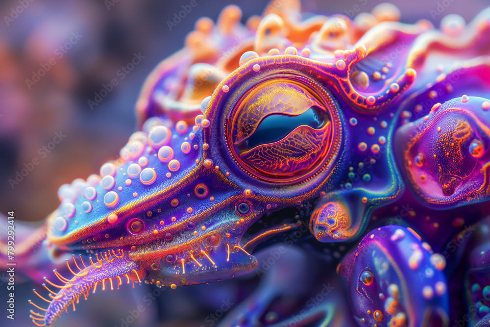 Obraz premium Vibrant Exotic Lizard with Colorful Patterns and Textured Skin, Close-up Macro. Rainforest Wildlife, Tropical Outdoors, Unique Fauna. Reptilian, Animal, Creature. Environment, Climate Change, Nature