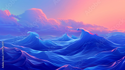 Produce an AI illustration that captures the essence of oceanic dynamism, with gradients of azure to deep navy portraying the rhythmic motion and vitality of waves in constant flux. photo