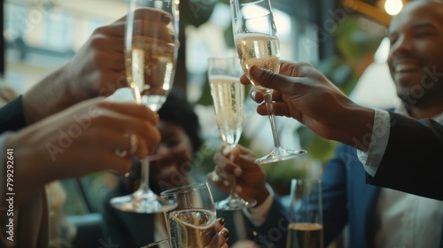 Hands  group  and champagne toast at party  office  and celebration drink with friends. People  achievement  and culture with drink  sparkling wine glass  and holiday celebration happiness.