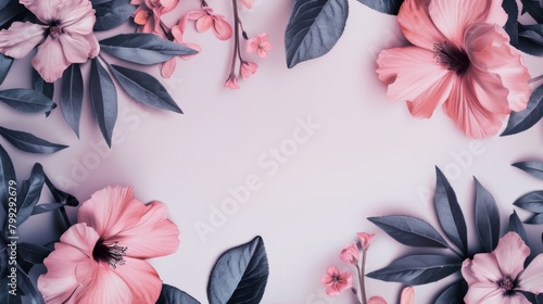 Pink Flowers and Leaves on a White Background