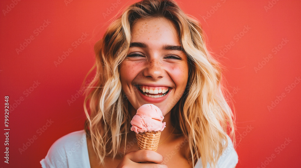 Blonde woman eating icecream cone over a red background Blonde woman eating icecream cone over a red background