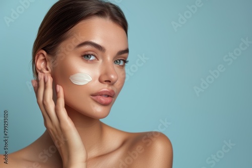 Woman in studio with acne, anti-aging, or dermatological cream, sunscreen, or mockup. Relax, product, and model with facial lotion, natural makeup, or foundation.