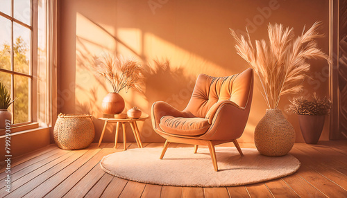 Interior of cozy room illuminated by sunlight; modern armchair upholstered with terracotta fabric, round off-white rug, woven basket, wooden side table, and ceramic vases with dried pampas grass. 
