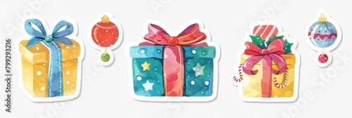 Colored gift box stickers and drawings for Christmas, birthdays, and special occasions.