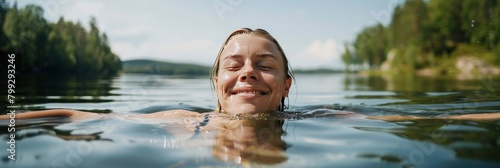 A smiling woman  with closed eyes and wet hair is swimming in a river. photo