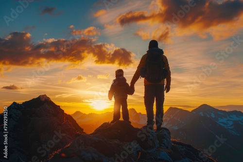 silhouette of man and child holding hands on top of mountain at sunset