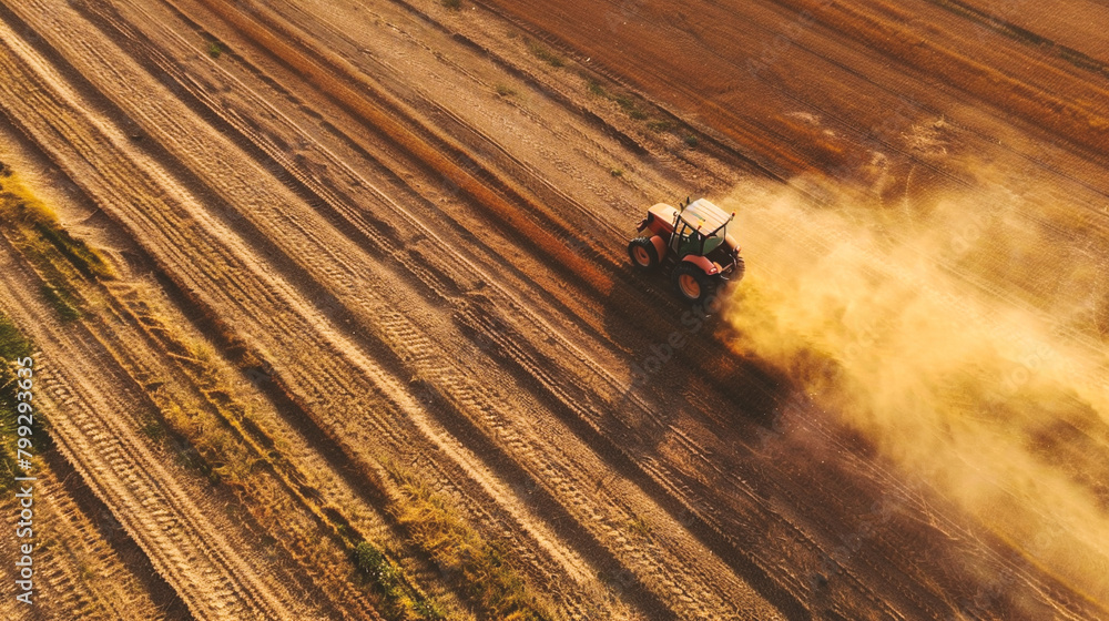 Aerial view of tractor plowing the field with seedbed cultivator