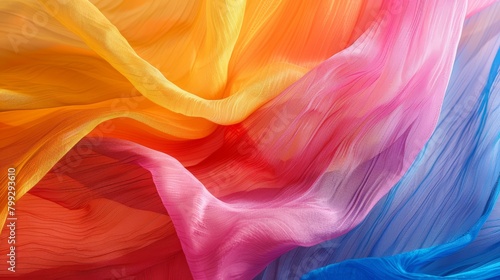 Fluttering colorful cloth in the wind, captured in a 16:9 aspect ratio, showcasing the lively dance of textures and hues