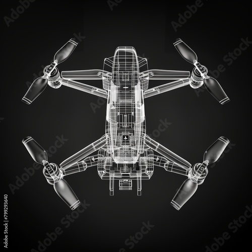 Futuristic X-ray styled depiction of a drone, displaying the detailed internal architecture and construction elements on a deep, dark canvas