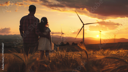 Father and daughter in wheat field with wind turbines on background at sunset.