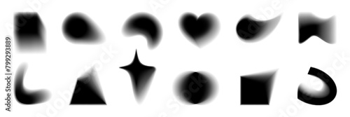Abstract blurry shapes in black with soft edges. Blurred circles, square, star, heart, triangle. Various silhouette shapes with blur effect on white background, modern set of vector graphic elements.