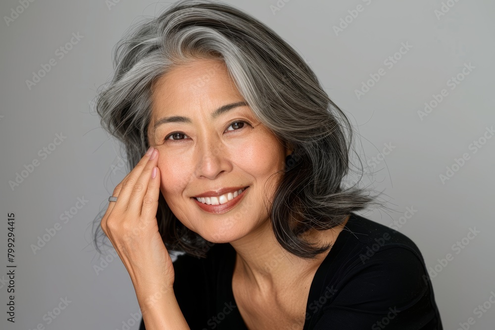 Mockup of mature woman laughing or glowing on grey studio background in wellness, healthcare, or dermatology routine. Portrait, smiling, beautiful model, gray hair, joyful face Mockup of mature woman laughing or glowing on grey studio background in wellness, healthcare, or dermatology routine. Portrait, smiling, beautiful model, gray hair, joyful face