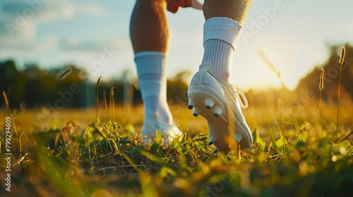 Ankle pain, fitness accident hand injury, outdoor athlete cramps and muscular stress. Sports and health crisis, closeup, and grass with inflammation and osteoporosis photo