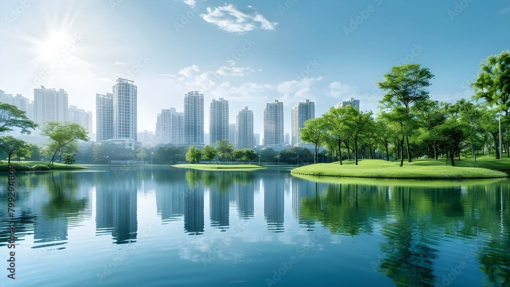 A city blending nature with urban design to prioritize sustainable green spaces. Concept Green Urban Design, Sustainable Cityscape, Nature Integration, Eco-Friendly Architecture, Urban Green Spaces