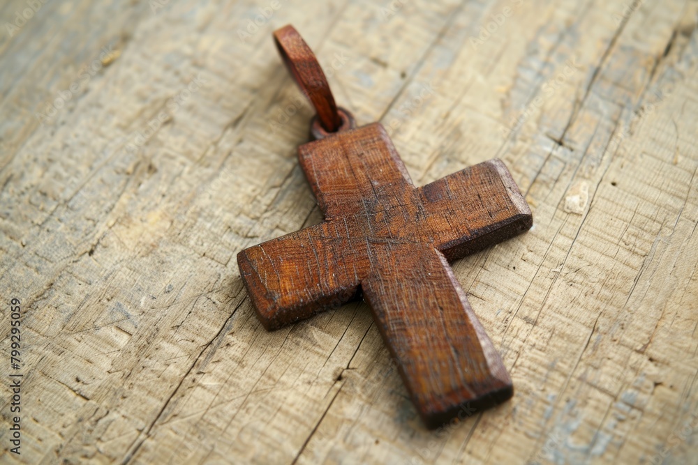 Background, religion, and closeup of wooden cross on table for prayer, Jesus' resurrection, and worship. Christian faith, crucifix for holy spirit, paradise, or spiritual trust