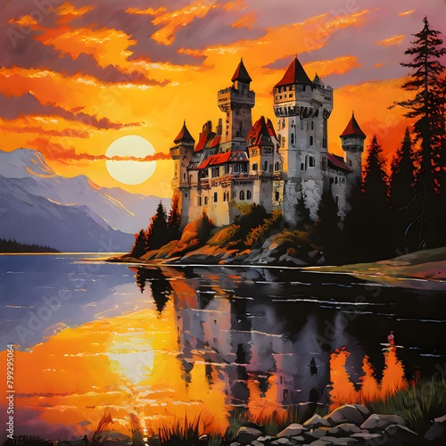 view of the castle, Castle on the lake. Gouache painting, realistic. Sunset photo